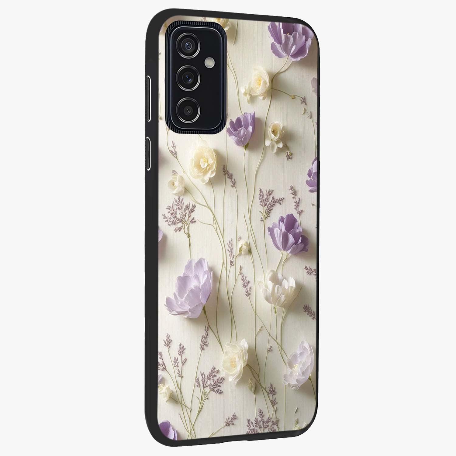 Lilac Breeze Harmony Glass Case upright view showcasing delicate lilac artwork with peaceful floral theme.