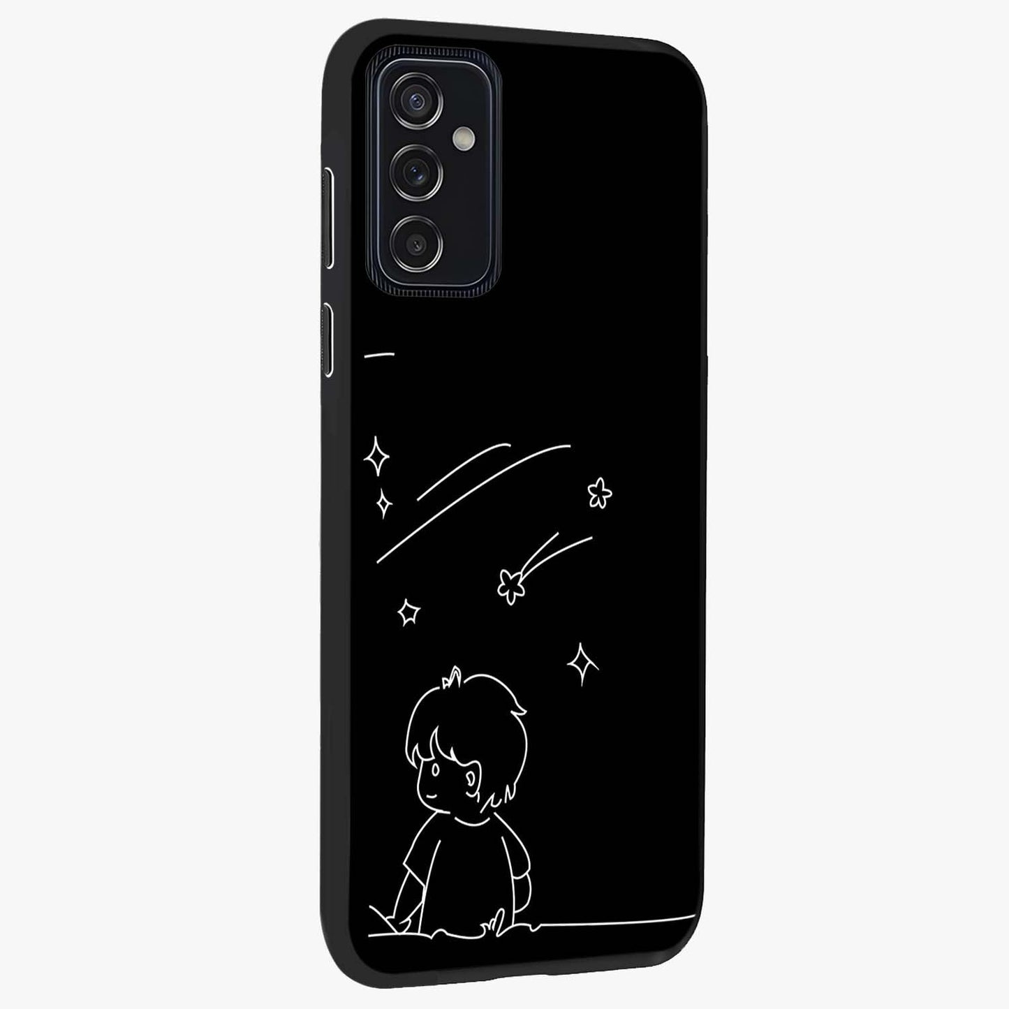 Line Art Boy With Shooting Stars Glass Case upright view showcasing artistic shooting star illustration with minimal style.