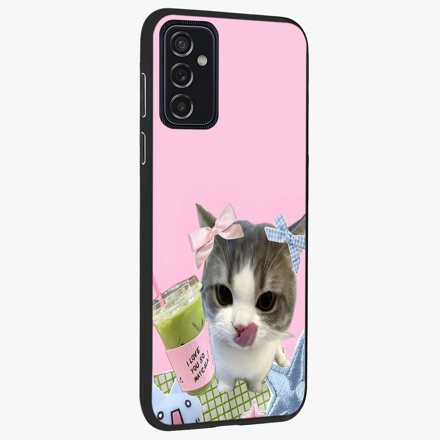 Love Matcha Cat Glass Case upright view showcasing adorable cat artwork with charming matcha themed design.