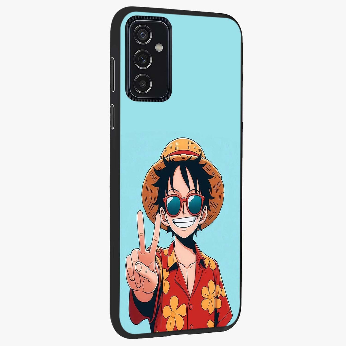 Luffy Summer Anime Vibe Glass Case upright view showcasing dynamic anime artwork with bright adventurous theme.