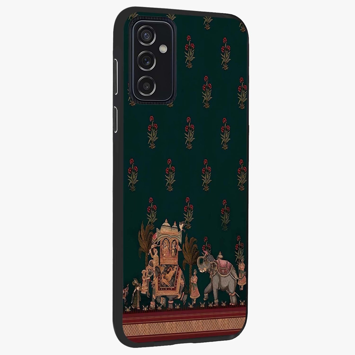 Macmerise Glass Case upright view showcasing bold artistic artwork with contemporary design theme.