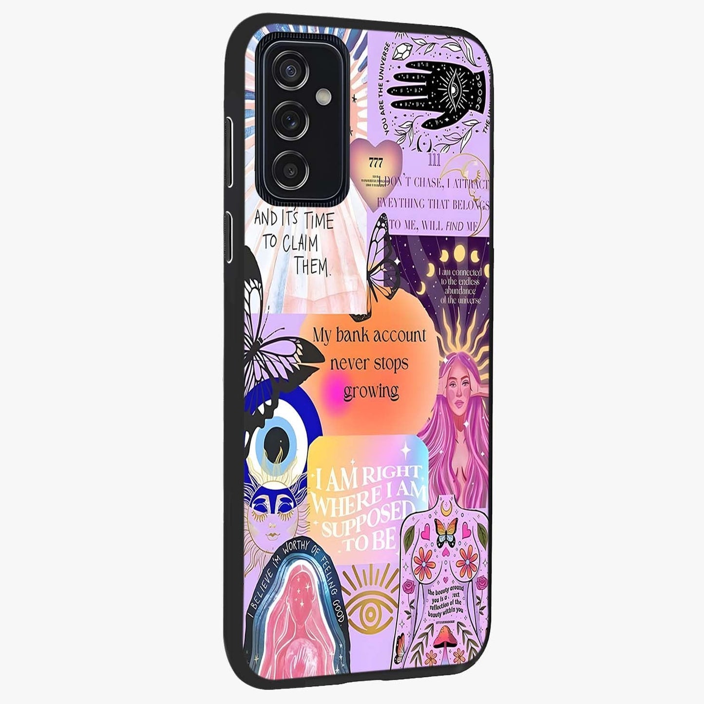 Manifestation Collage Glass Case upright view showcasing artistic manifestation themed artwork with creative style.