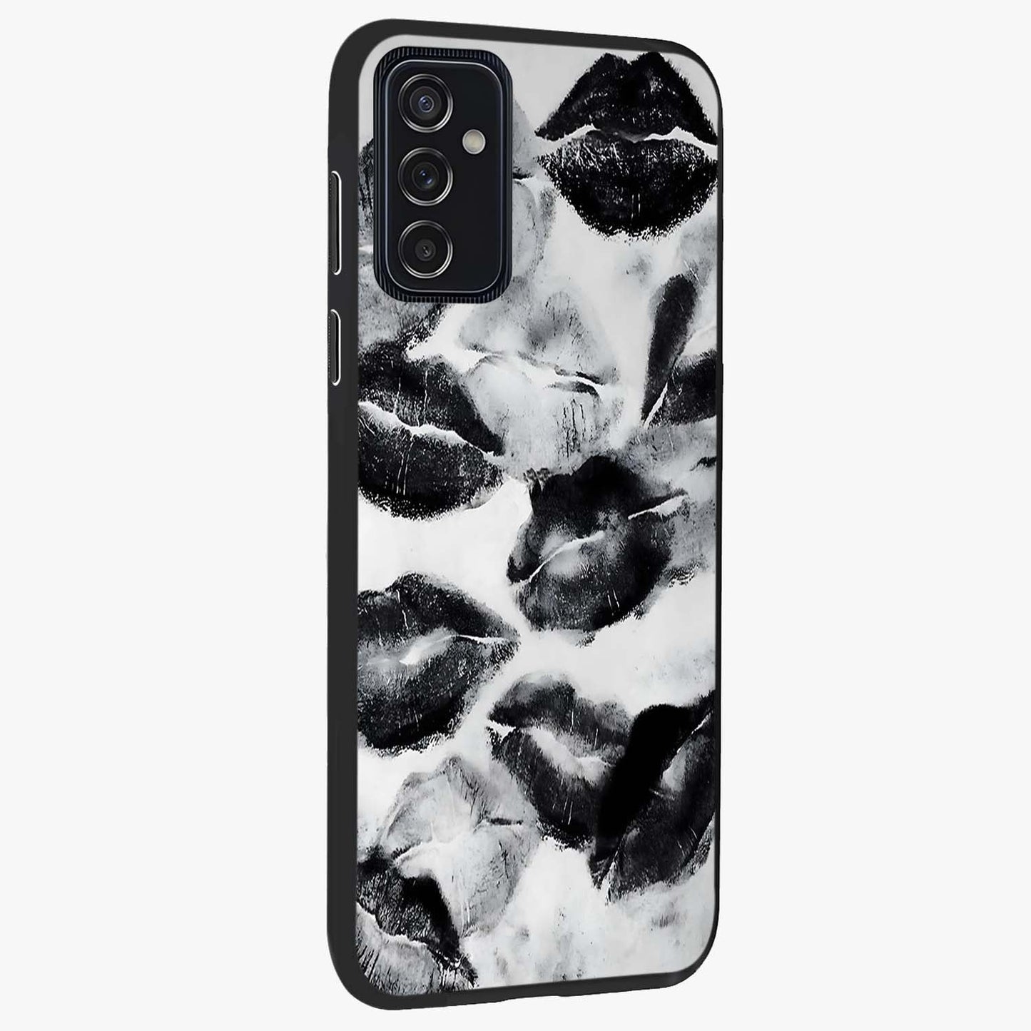 Midnight Kiss Marks Glass Case upright view showcasing stylish kiss mark artwork with trendy romantic theme.