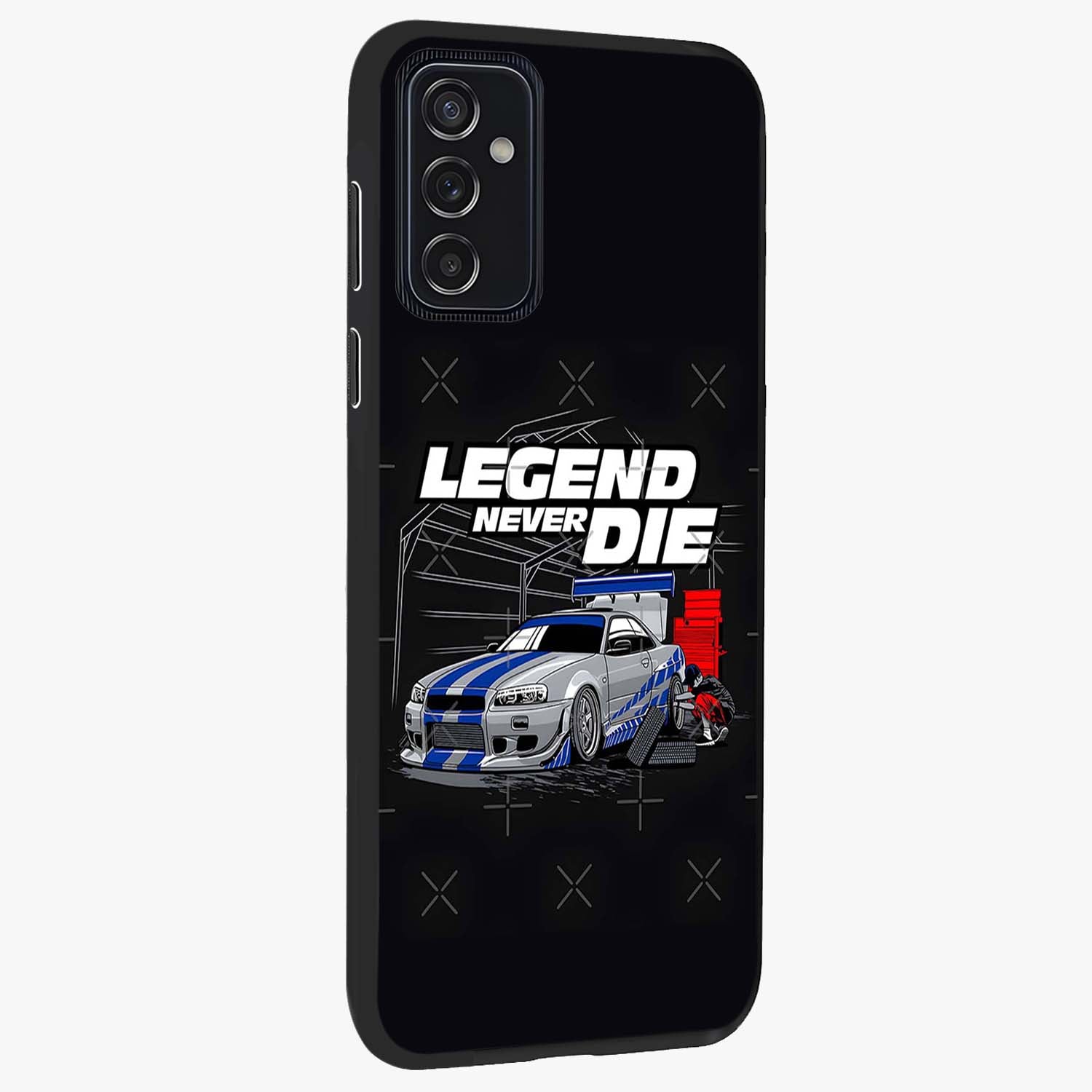 Midnight Racing Legacy Glass Case upright view showcasing powerful racing artwork with modern sports theme.