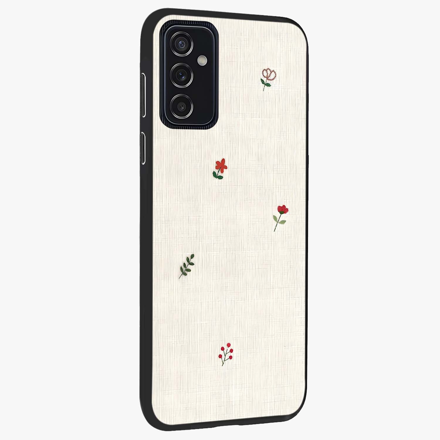 Minimalistic Blue With White Flower Pattern Glass Case upright view showcasing clean white flower artwork with calming blue theme.