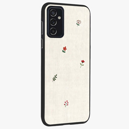 Minimalistic Blue With White Flower Pattern Glass Case upright view showcasing clean white flower artwork with calming blue theme.