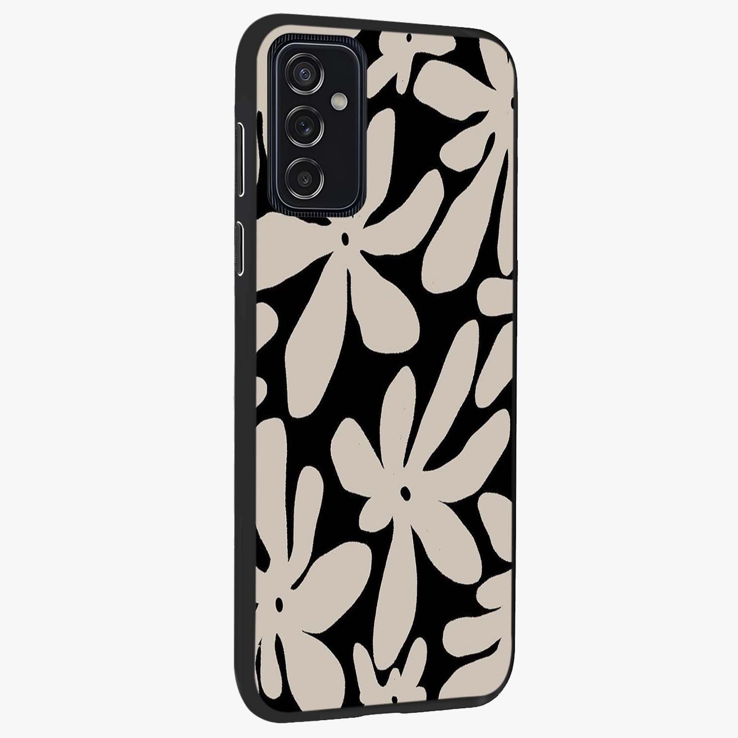 Monochrome Petal Dance Glass Case upright view showcasing artistic floral pattern with stylish monochrome theme.