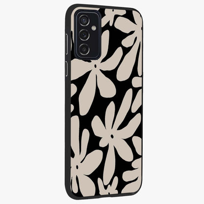 Monochrome Petal Dance Glass Case upright view showcasing artistic floral pattern with stylish monochrome theme.