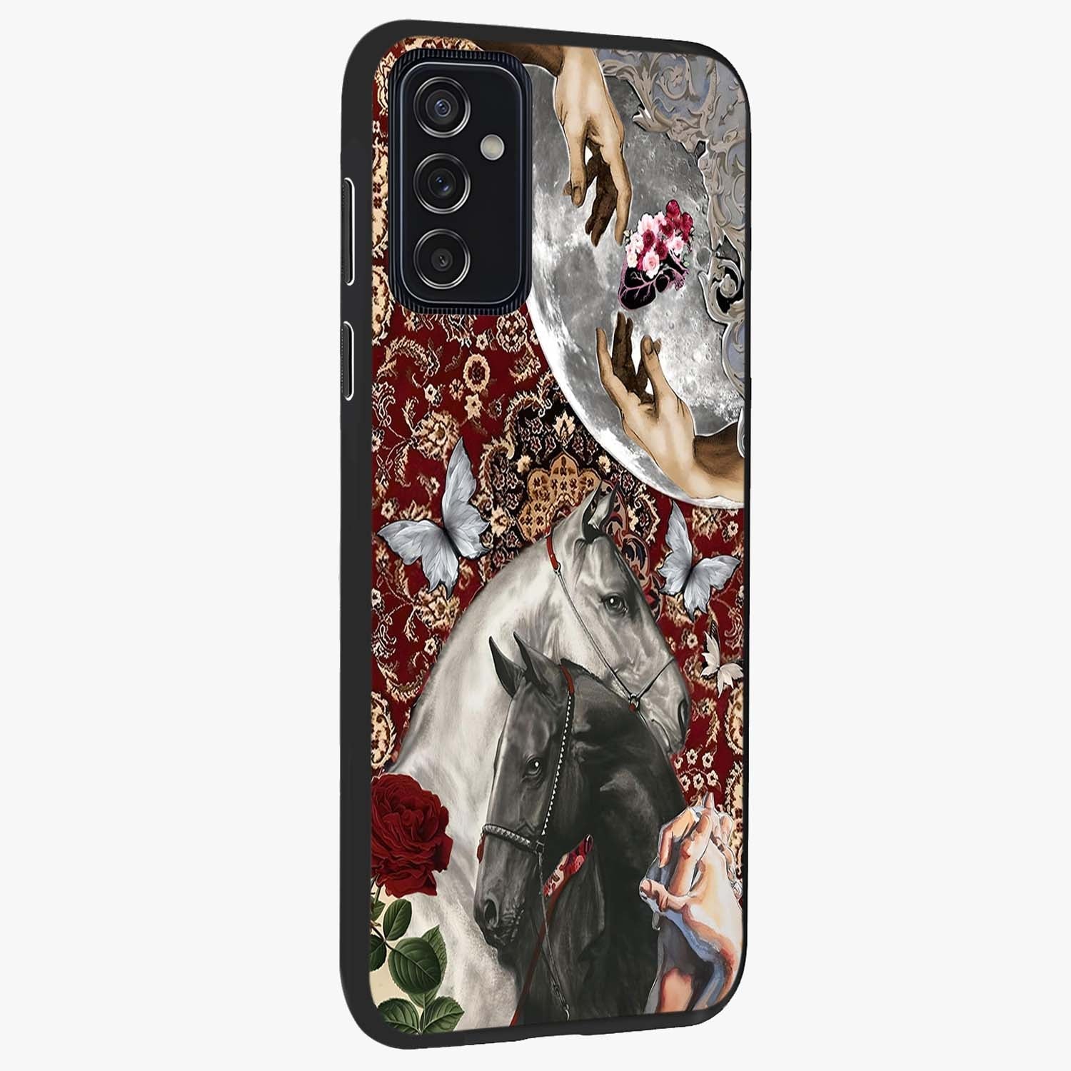 Moonlit Royal Stallion Glass Case upright view showcasing dramatic horse artwork with glowing moon themed design.