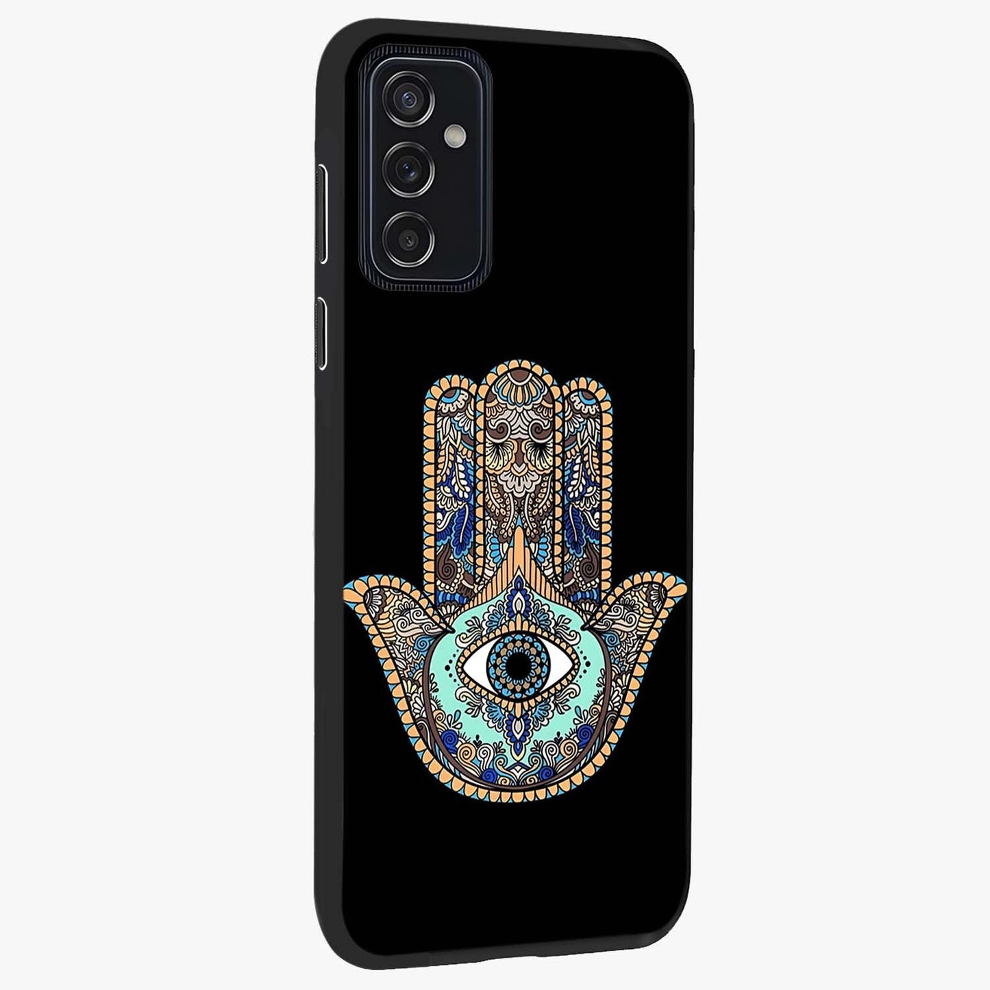 Mystic Hamsa Eye Glass Case upright view showcasing detailed hamsa eye artwork with protective spiritual theme.