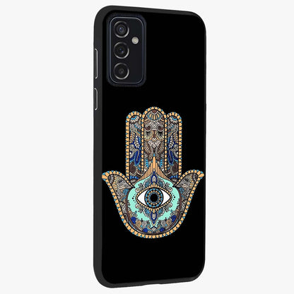 Mystic Hamsa Eye Glass Case upright view showcasing detailed hamsa eye artwork with protective spiritual theme.