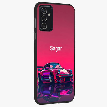 Neon Pink Porsche Glass Case upright view showcasing vibrant sports car artwork with bold automotive theme.