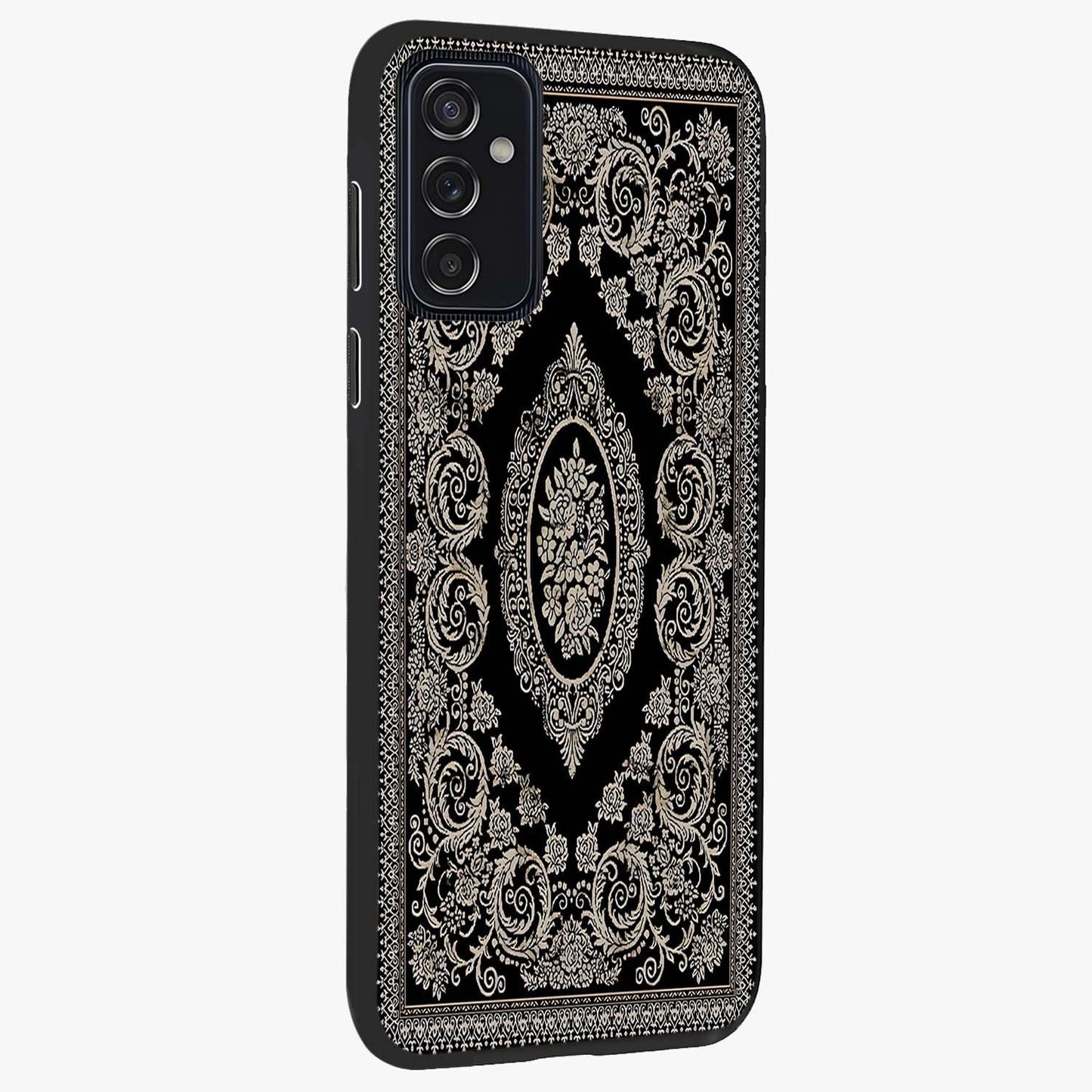 Noir Bloom Elegance Glass Case upright view showcasing graceful floral artwork with luxurious dark theme.