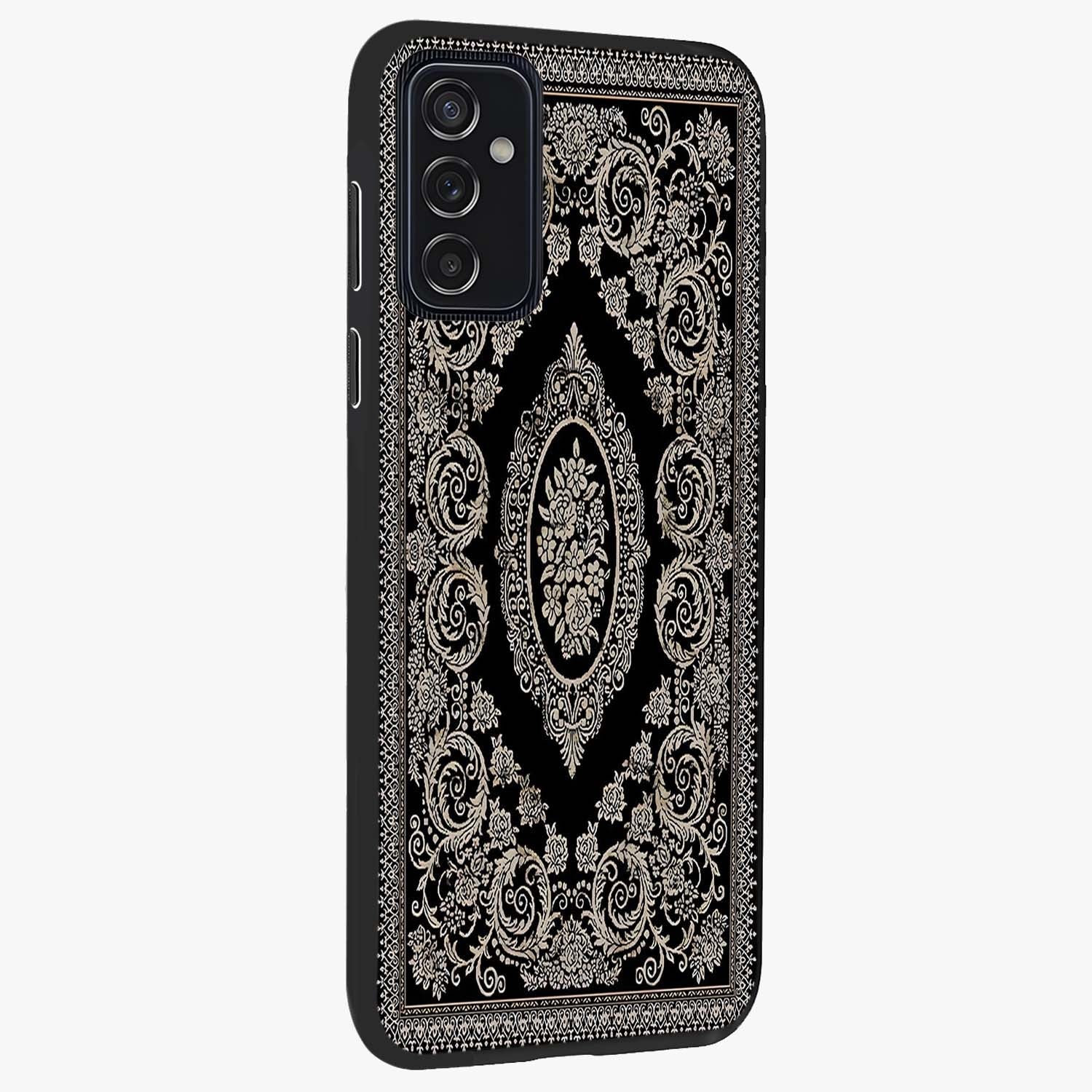 Noir Bloom Elegance Glass Case upright view showcasing graceful floral artwork with luxurious dark theme.