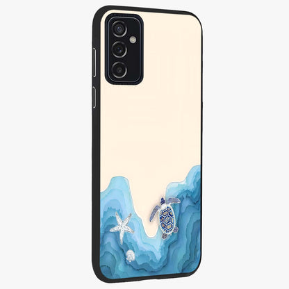 Ocean Drift Turtle Glass Case upright view showcasing calm underwater turtle artwork with nature inspired theme.