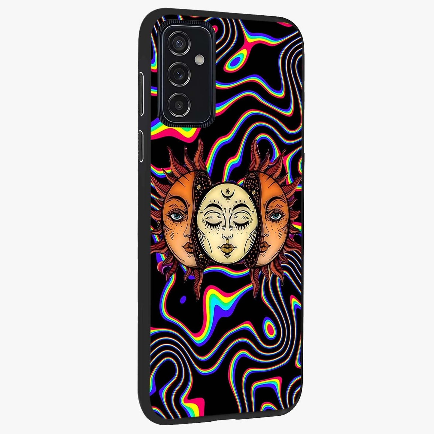 Psychedelic Sun Glass Case upright view showcasing trippy sun artwork with bold psychedelic theme.