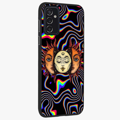 Psychedelic Sun Glass Case upright view showcasing trippy sun artwork with bold psychedelic theme.