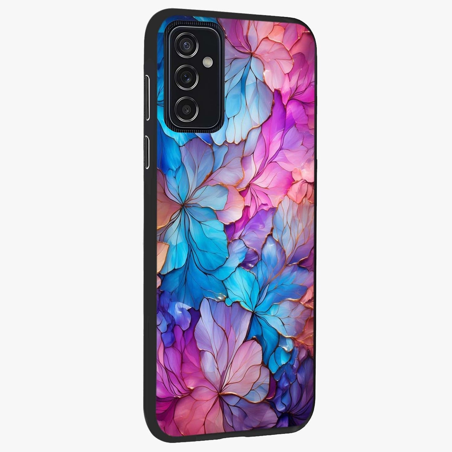 Radiant Floral Whirl Glass Case upright view showcasing lively floral artwork with decorative swirl theme.