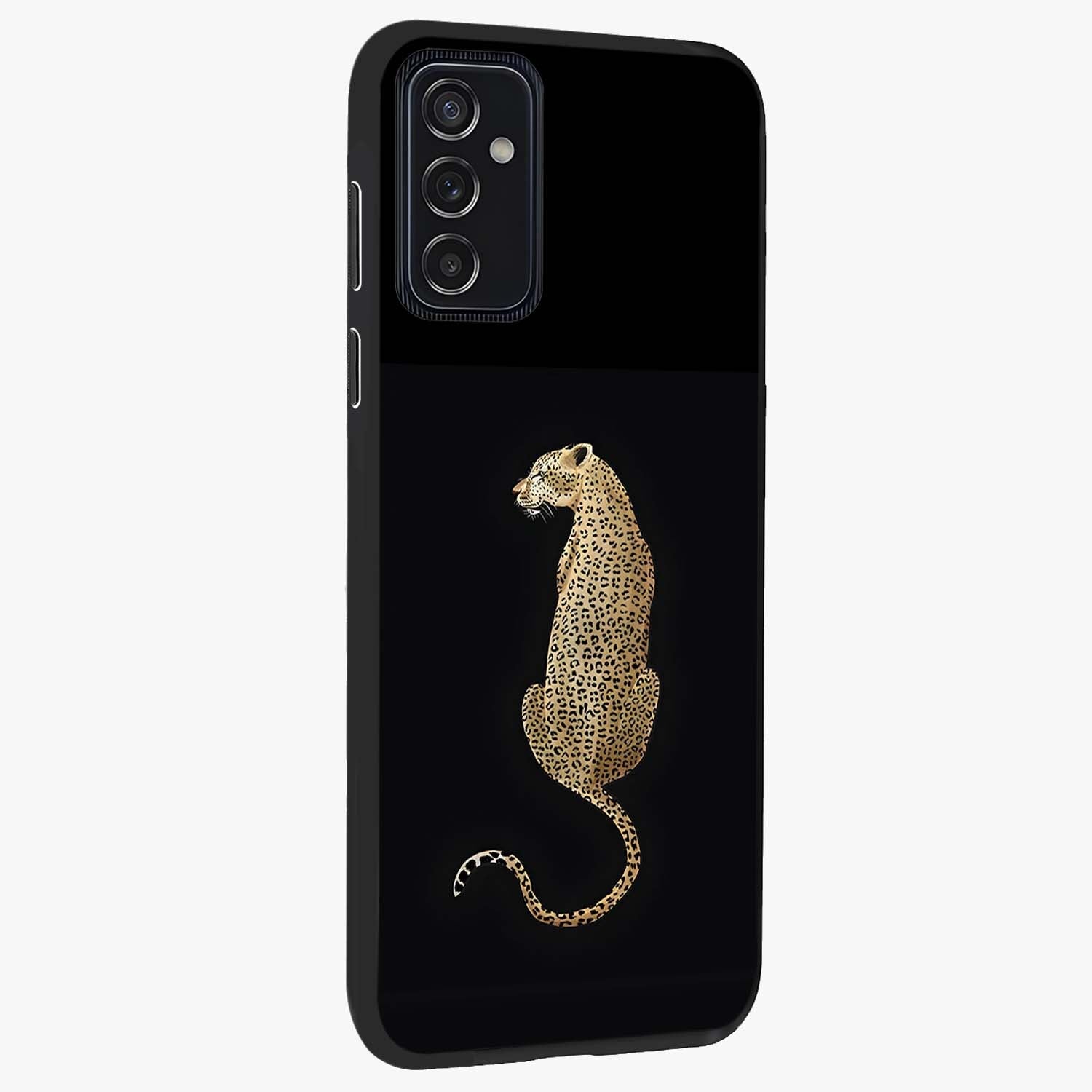 Regal Leopard Glass Case upright view showcasing striking leopard artwork with fierce wildlife theme.