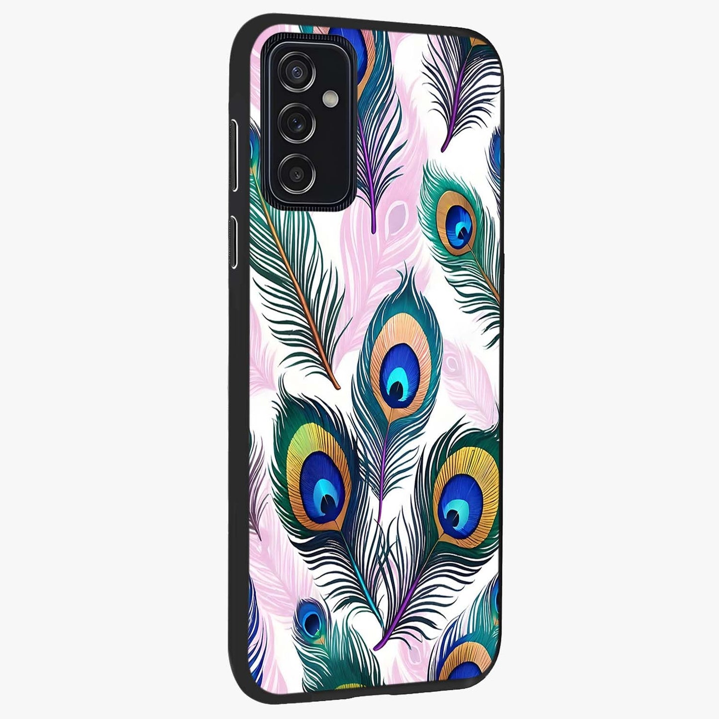 Royal Peacock Feathers Glass Case upright view showcasing elegant peacock feather artwork with decorative royal theme.