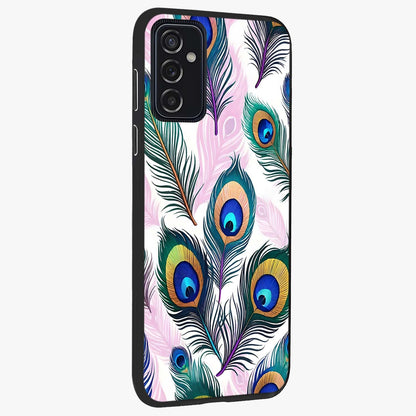 Royal Peacock Feathers Glass Case upright view showcasing elegant peacock feather artwork with decorative royal theme.