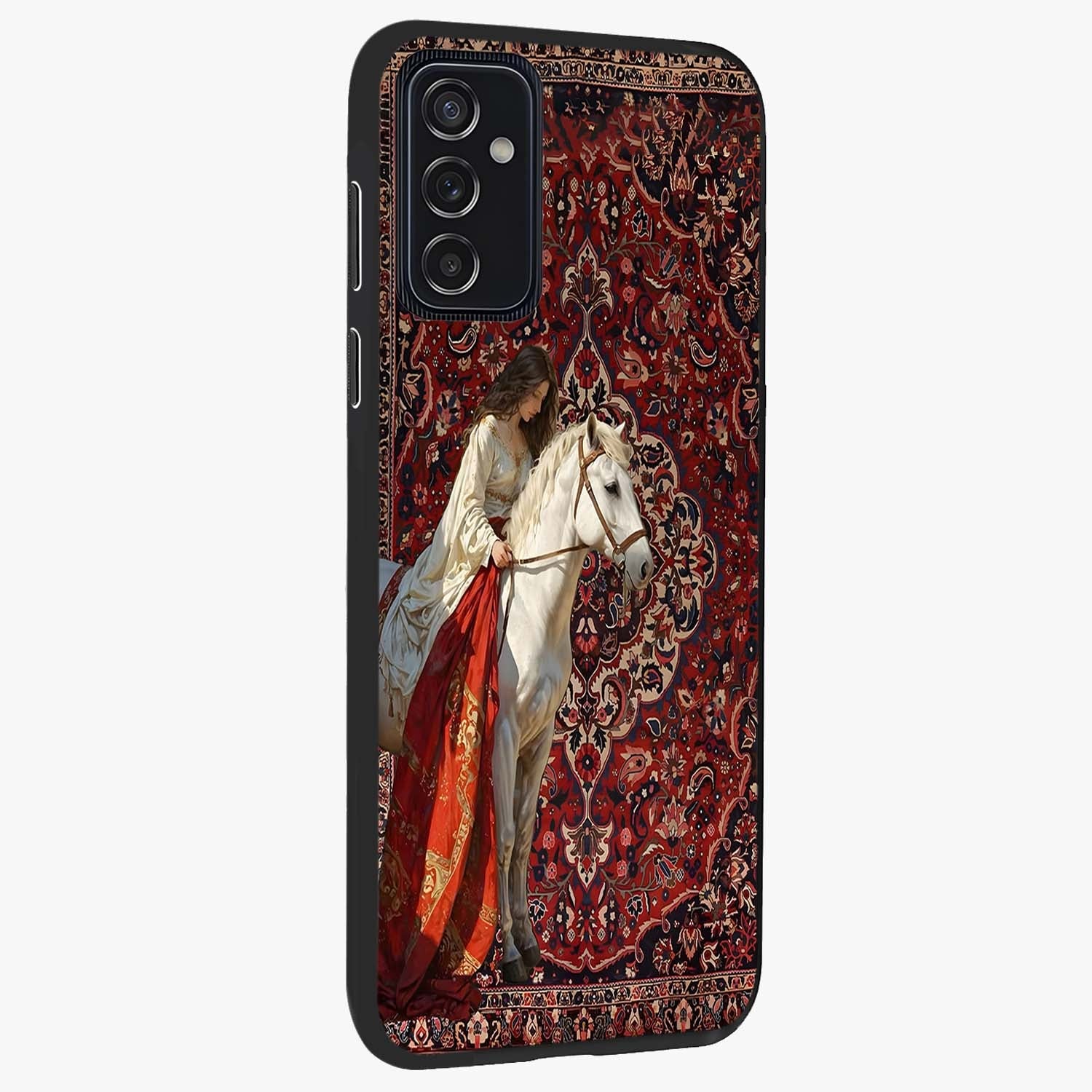 Royal Rider Tapestry Glass Case upright view showcasing detailed rider artwork with classic tapestry theme.
