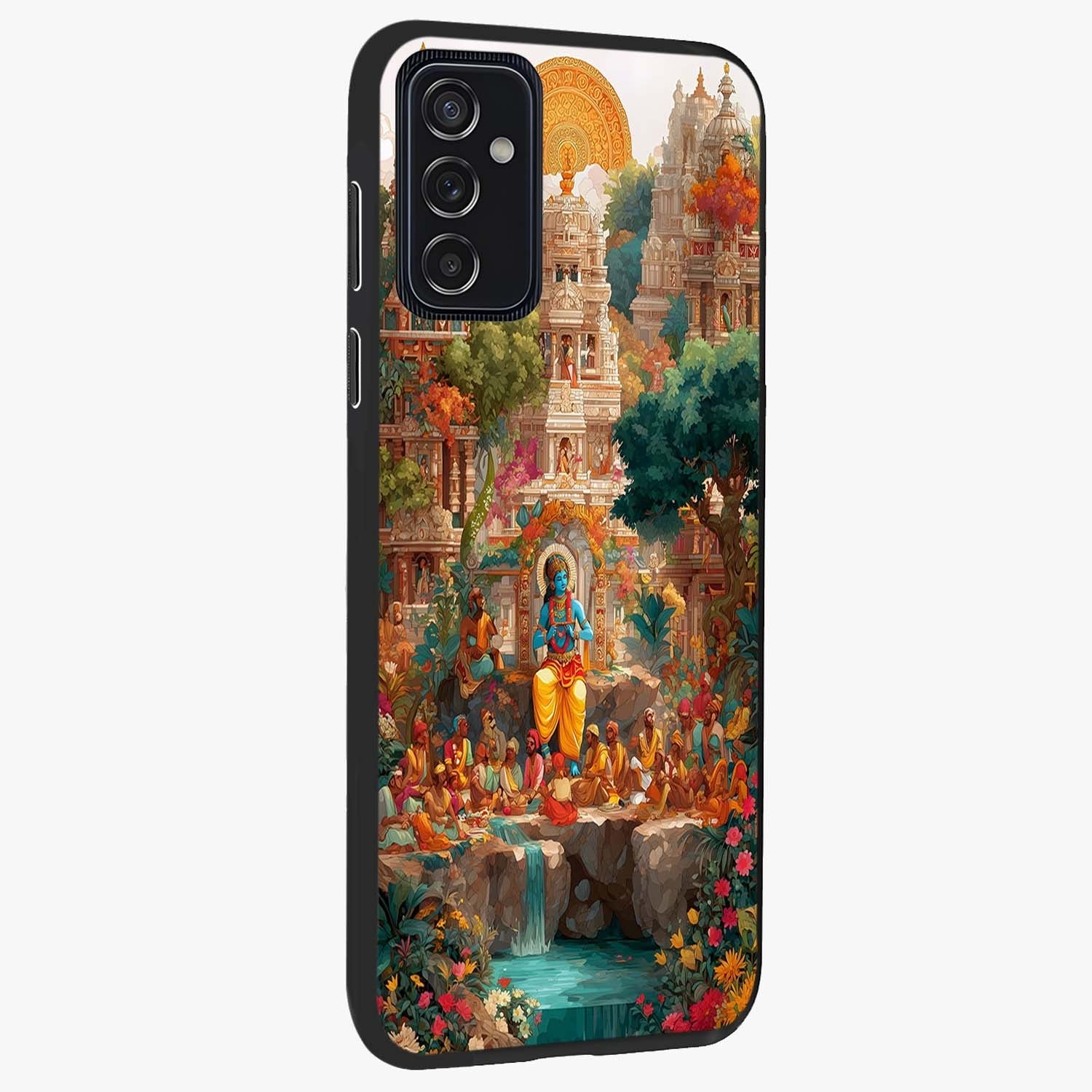 Sacred Sunlight Gods Glass Case upright view showcasing glowing divine artwork with sacred mythological theme.