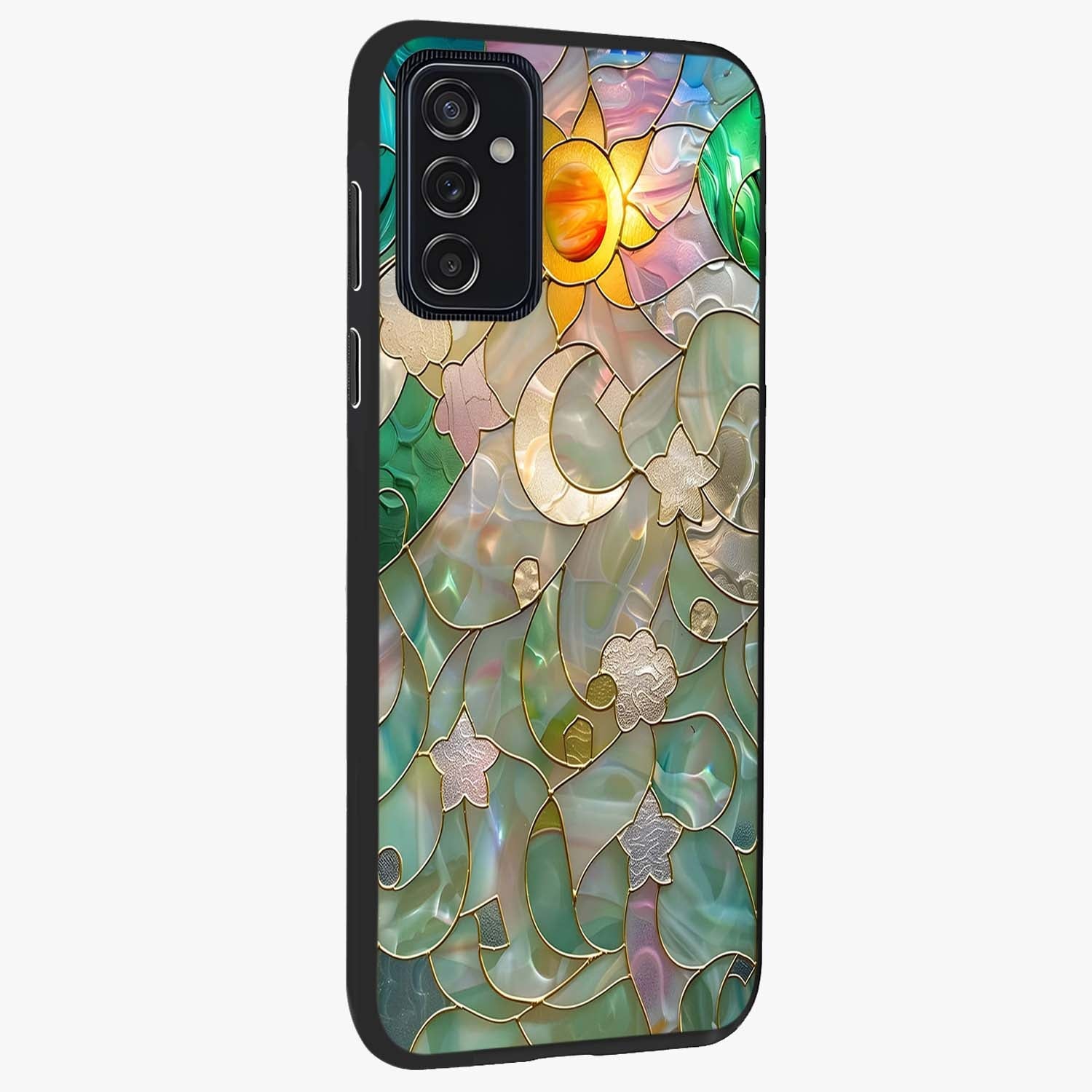 Stained Sunrise Glow Glass Case upright view showcasing colorful sunrise artwork with warm morning theme.
