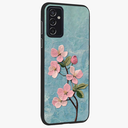 Threaded Blossom Breeze Glass Case upright view showcasing graceful flower artwork with calm botanical theme.