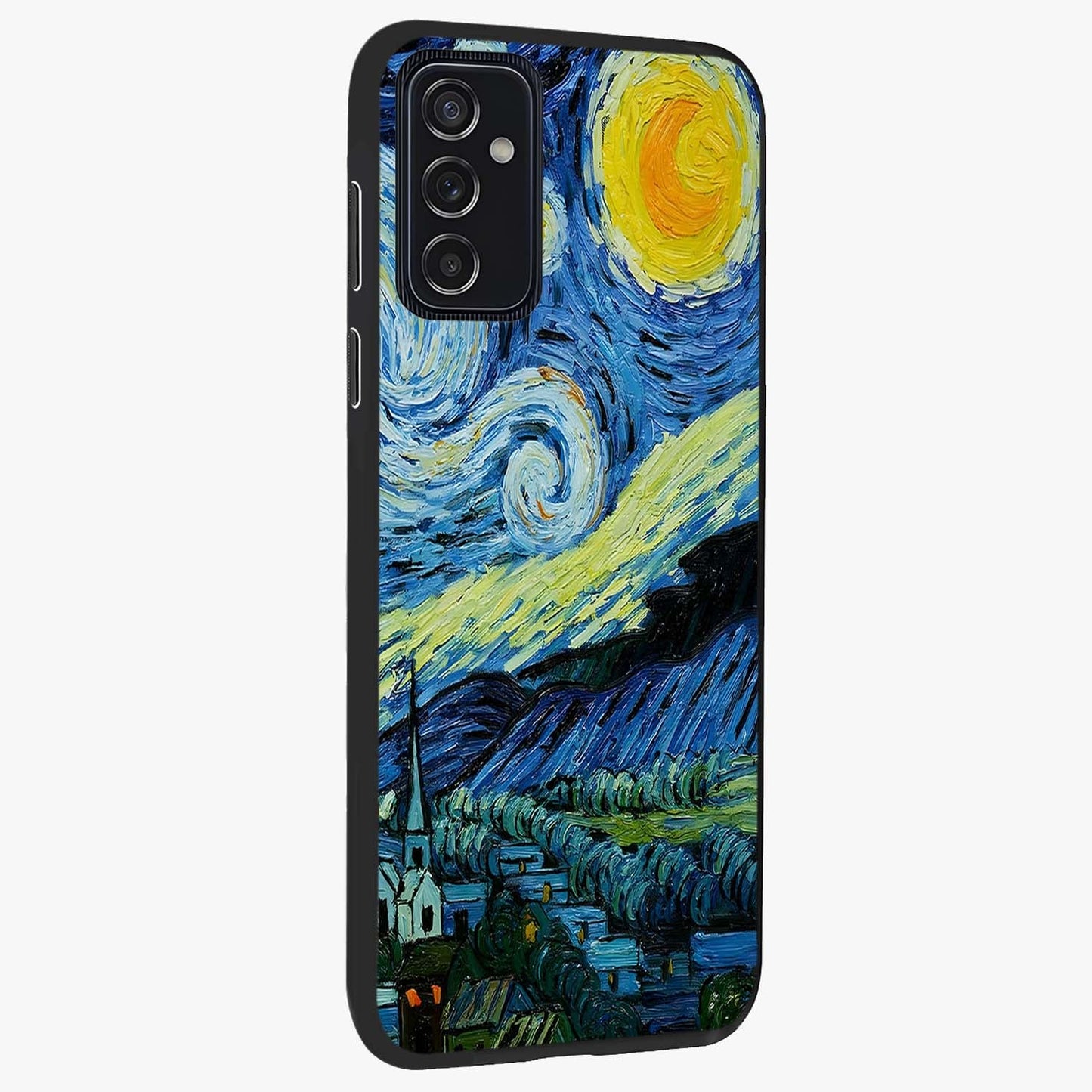 Van Gogh Art Glass Case upright view showcasing expressive painting style artwork with timeless artistic theme.