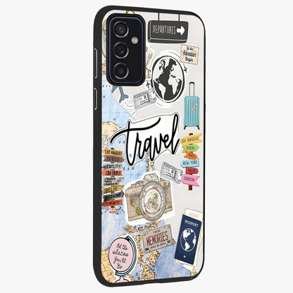 Wanderlust Journal Glass Case upright view showcasing wanderlust inspired artwork with creative exploration theme.