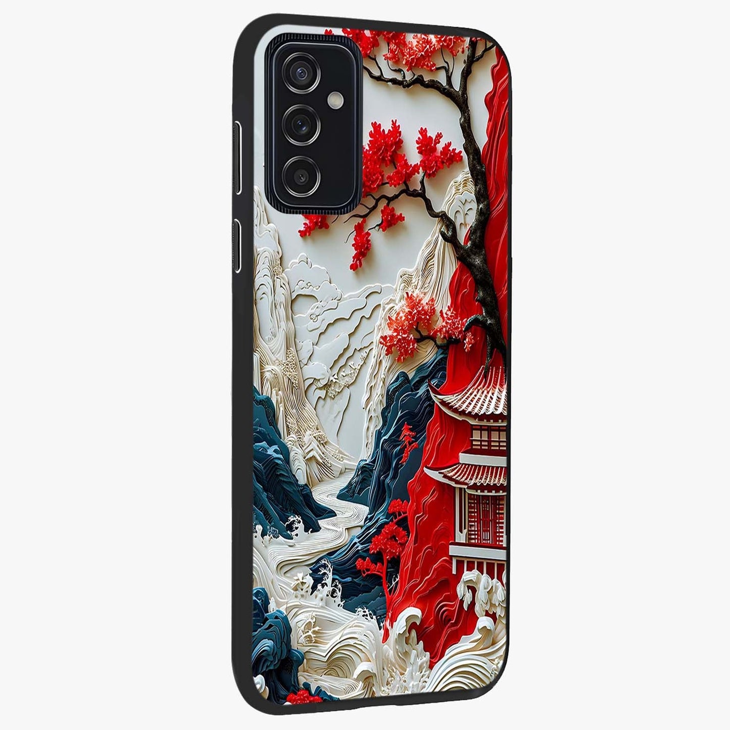 Whispers Of Sakura Waves Glass Case upright view showcasing delicate cherry blossom artwork with elegant nature theme.