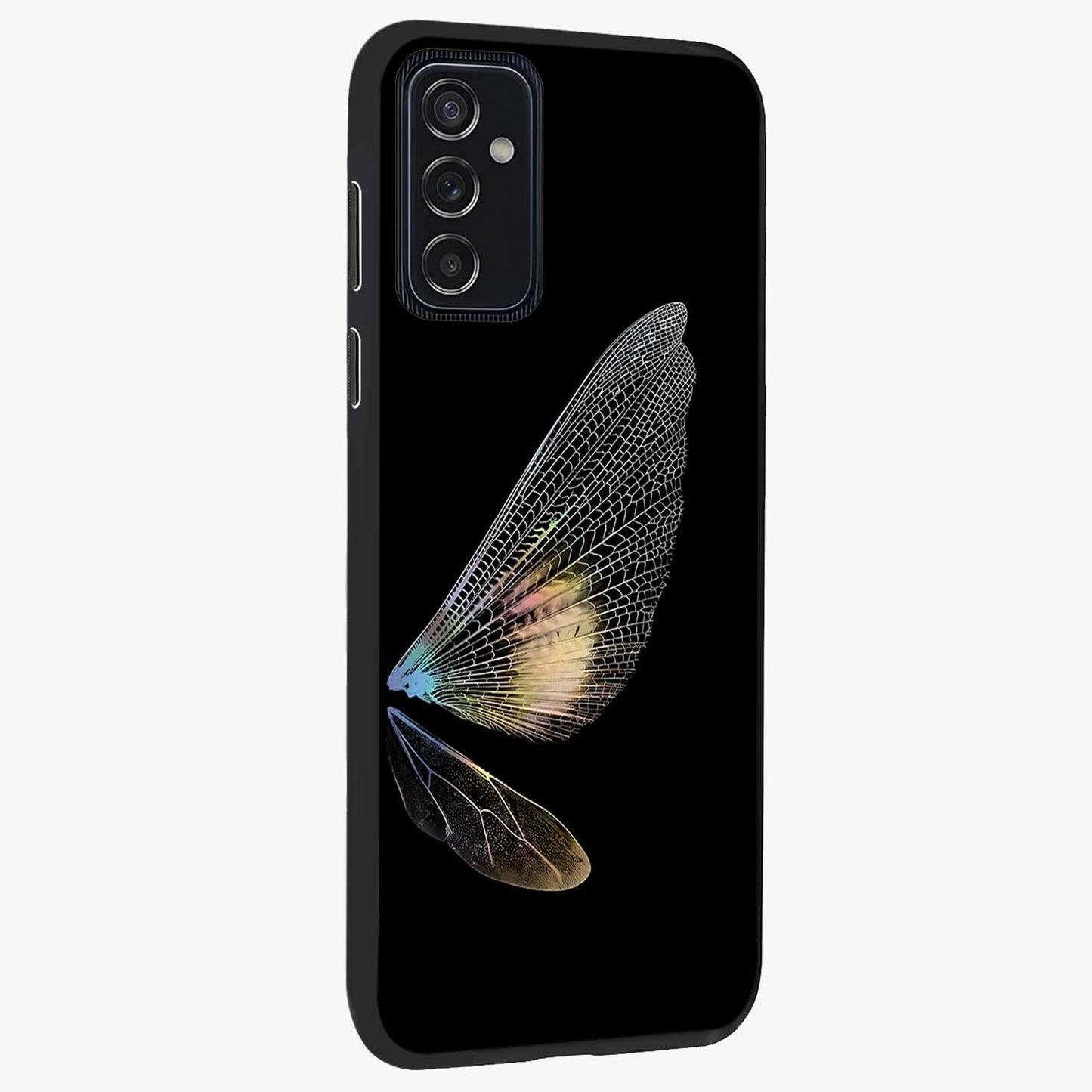Whispers Of Wings Glass Case upright view showcasing elegant wing artwork with light airy theme.