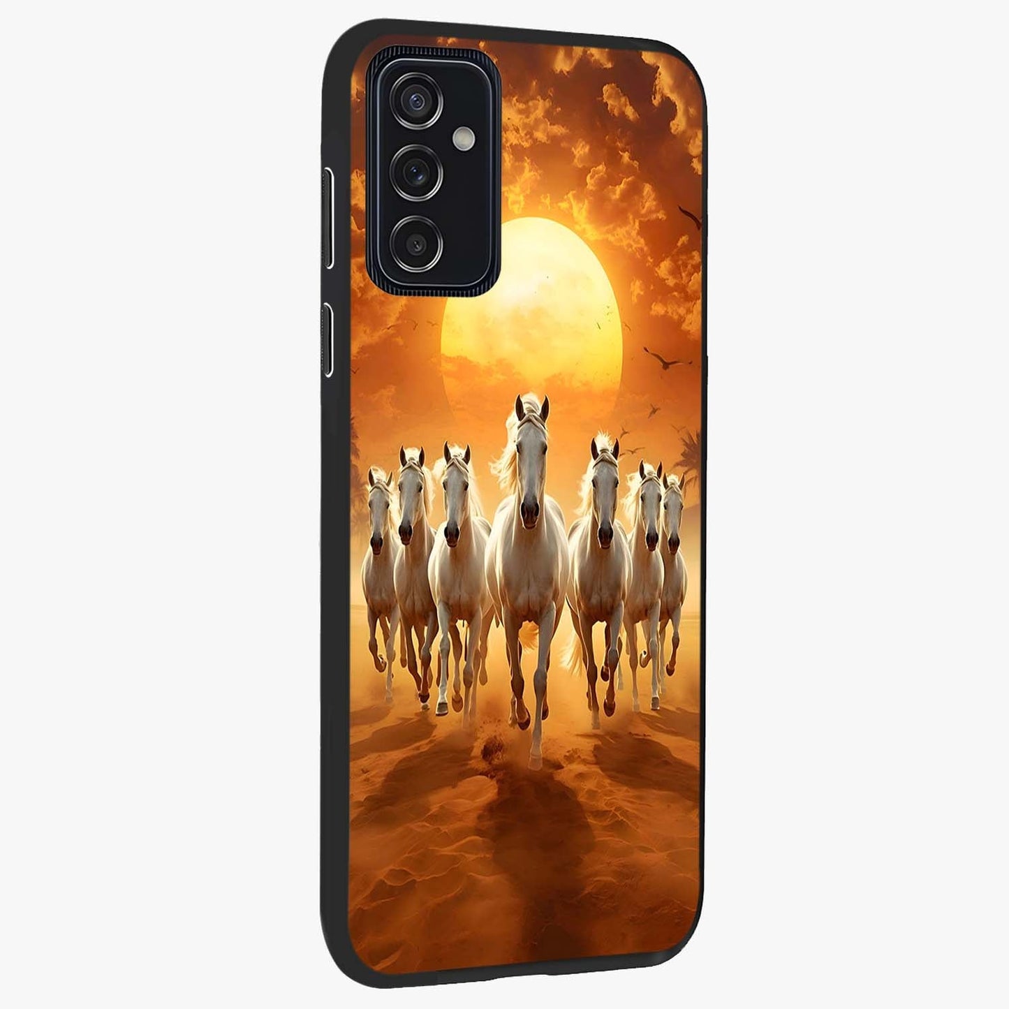 Wild Sunset Majesty Glass Case upright view showcasing dramatic sunset artwork with bold nature theme.