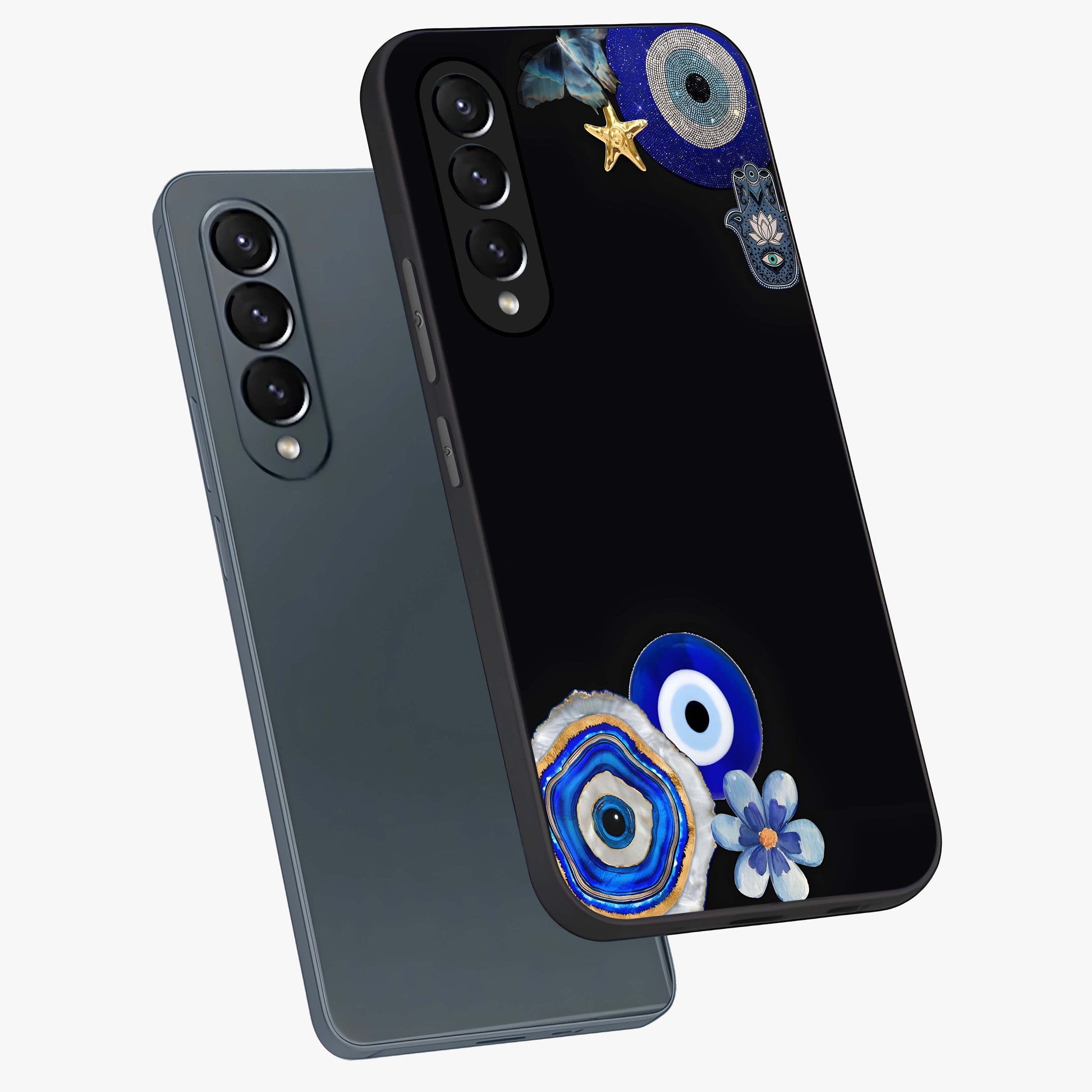 Aesthetic Blue Evil Eye Glass Case displayed in angled mockup highlighting blue evil eye symbol and spiritual aesthetic design.