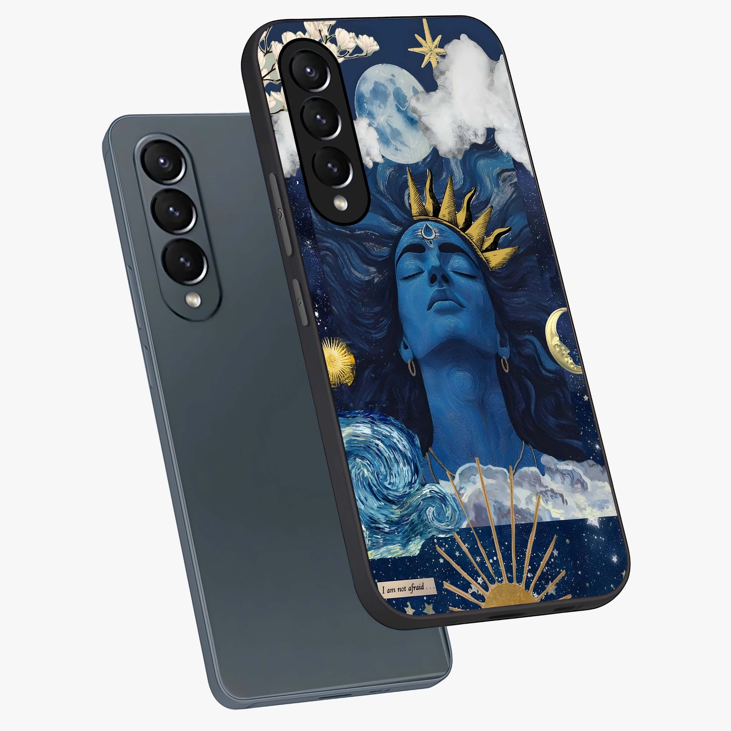 Aesthetic Lord Shiva Glass Case displayed in angled mockup highlighting spiritual Shiva illustration and sacred aesthetic design.