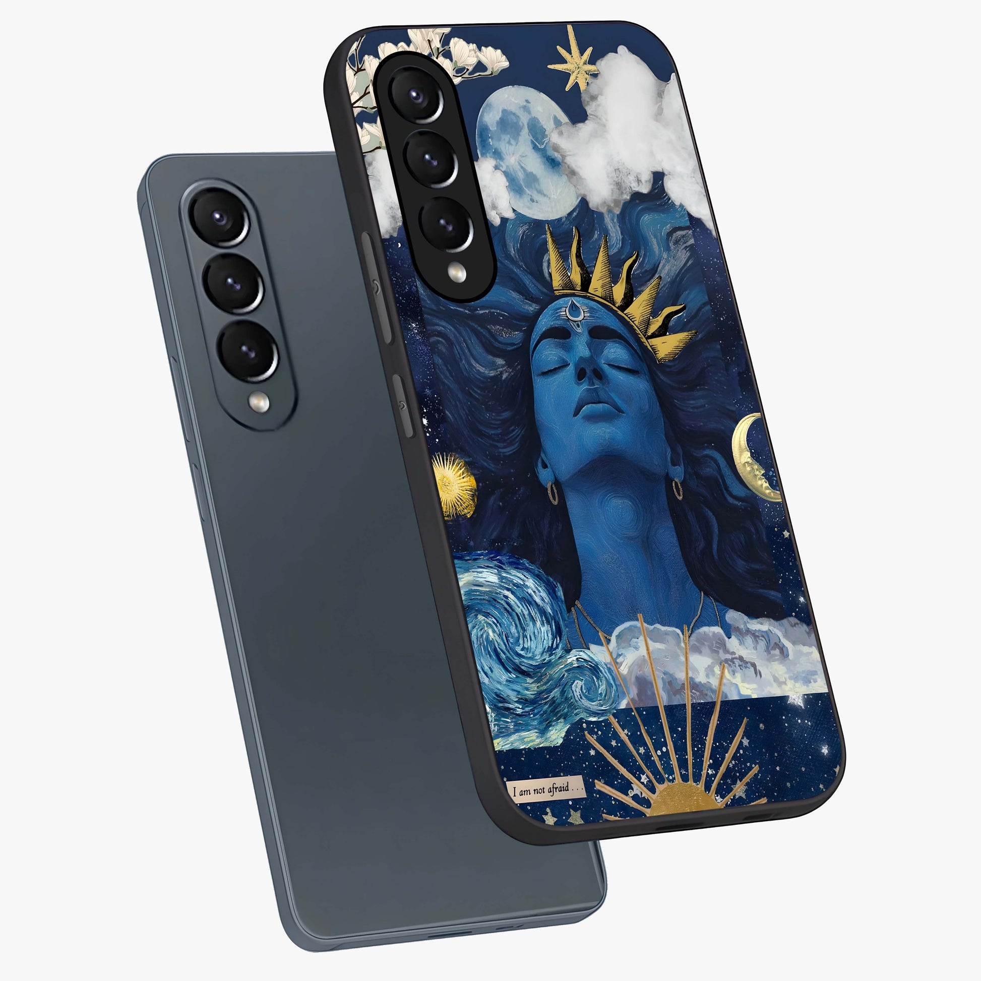 Aesthetic Lord Shiva Glass Case displayed in angled mockup highlighting spiritual Shiva illustration and sacred aesthetic design.