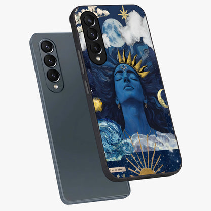 Aesthetic Lord Shiva Glass Case displayed in angled mockup highlighting spiritual Shiva illustration and sacred aesthetic design.