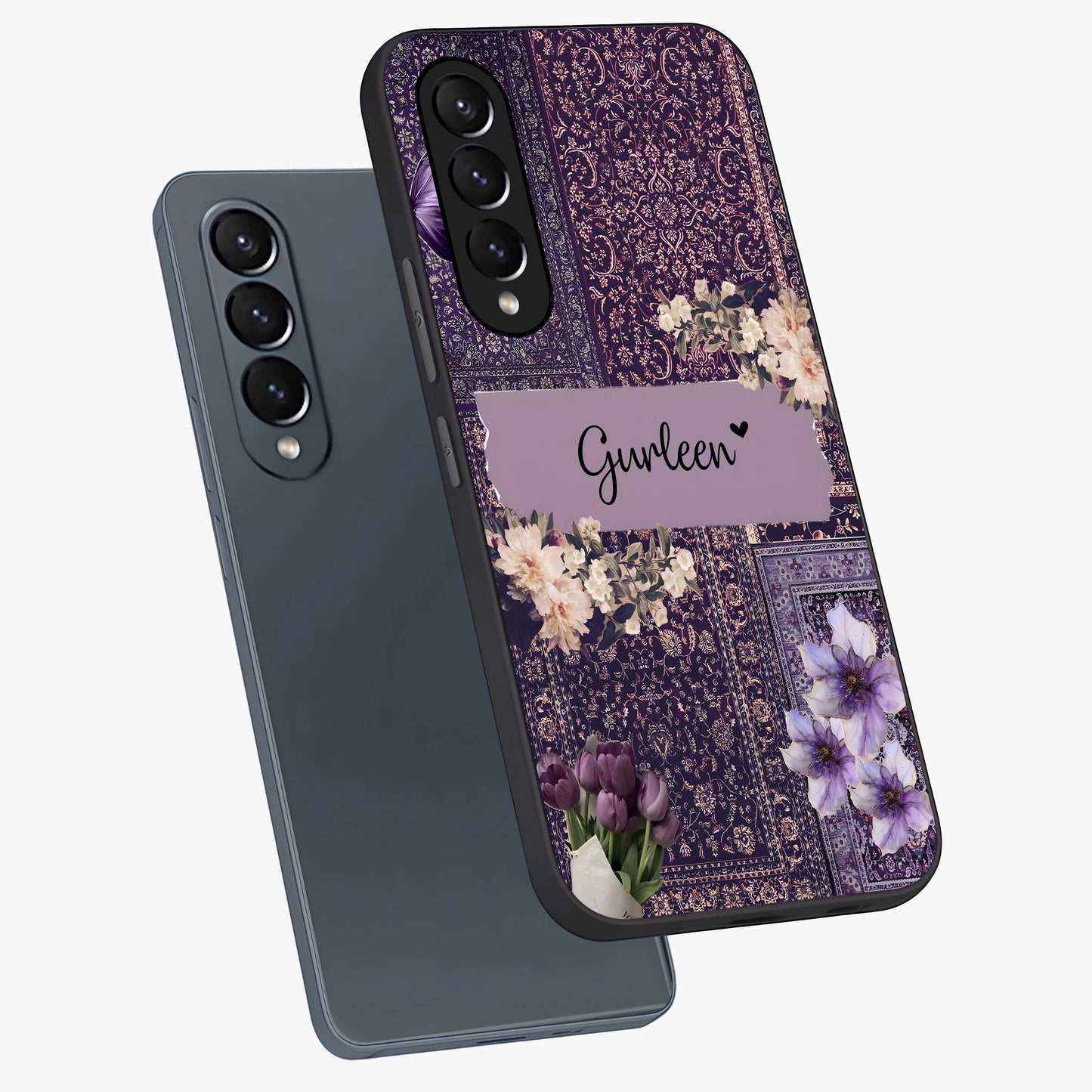 Antique Floral Whisper Custom Name Glass Case displayed in angled mockup highlighting elegant antique floral aesthetic.