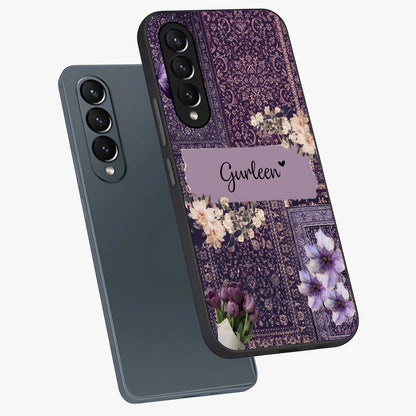 Antique Floral Whisper Custom Name Glass Case displayed in angled mockup highlighting elegant antique floral aesthetic.