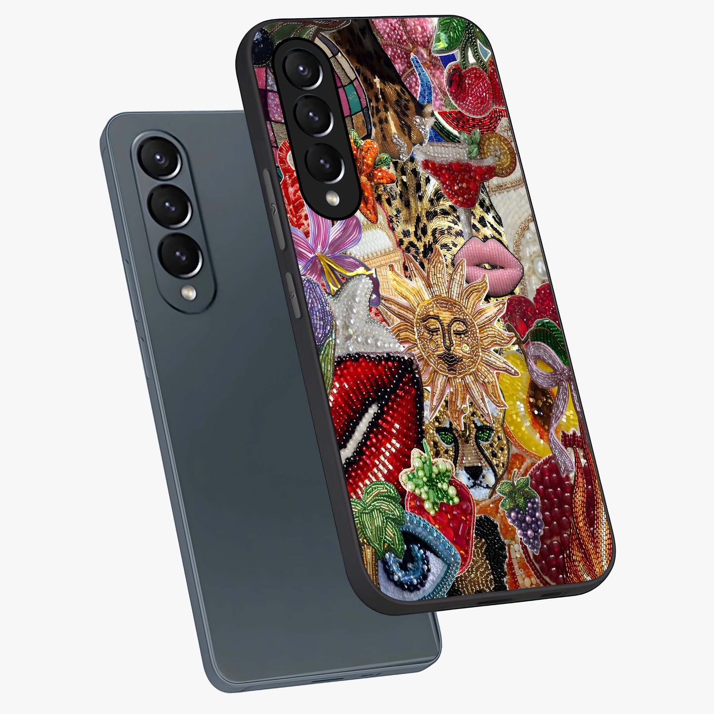 Beaded Fashion Jungle Glass Case displayed in angled mockup highlighting colorful fashion bead design and artistic pattern.
