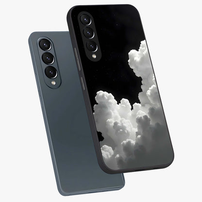 Black Background With White Cloud Glass Case displayed in angled mockup highlighting soft white cloud illustration and minimal design.