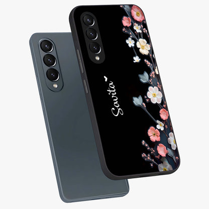 Black Elegance Floral Custom Name Glass Case displayed in angled mockup highlighting dark floral aesthetic and custom name feature.