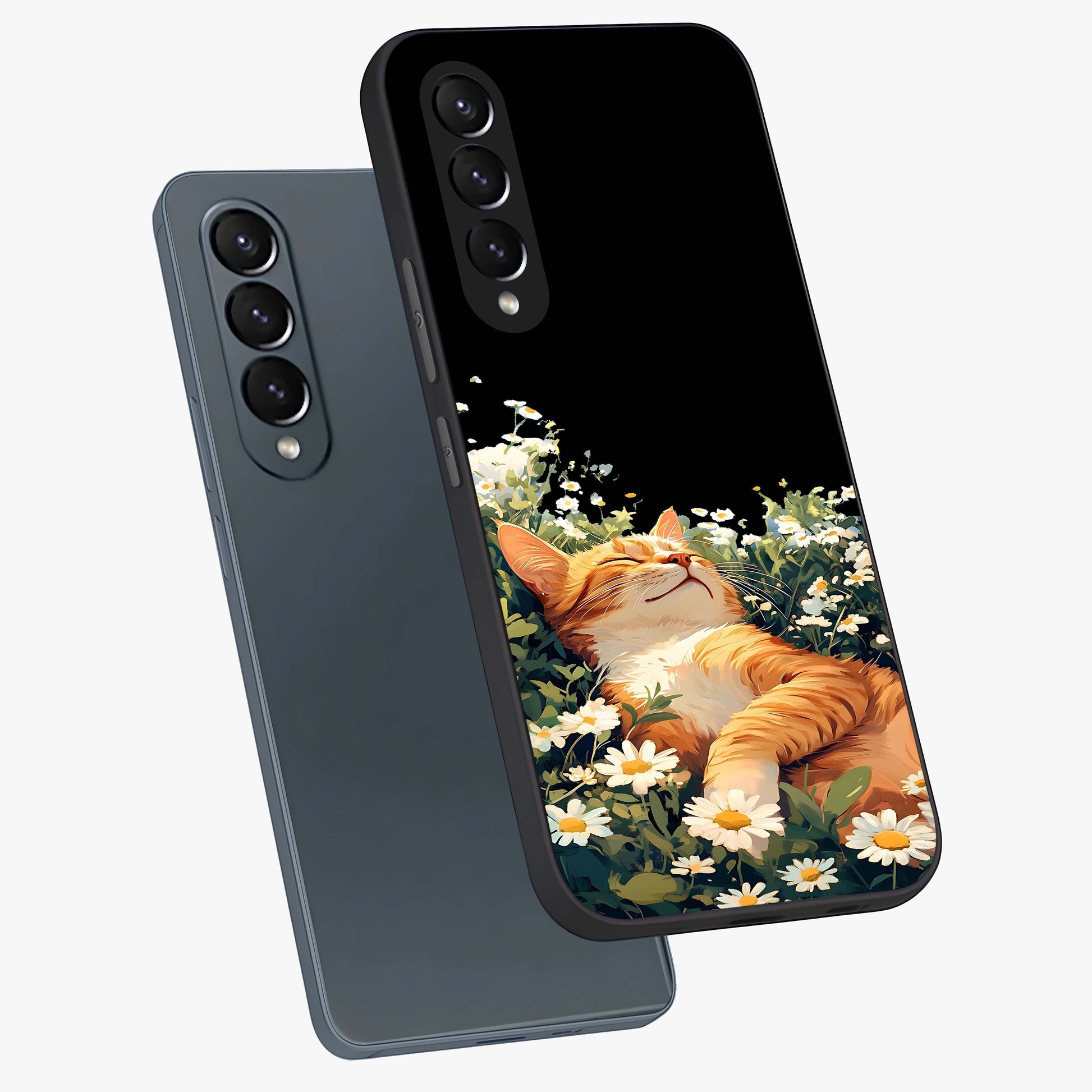 Blissful Bloom Cat Glass Case displayed in angled mockup highlighting playful feline illustration with soft floral aesthetic.