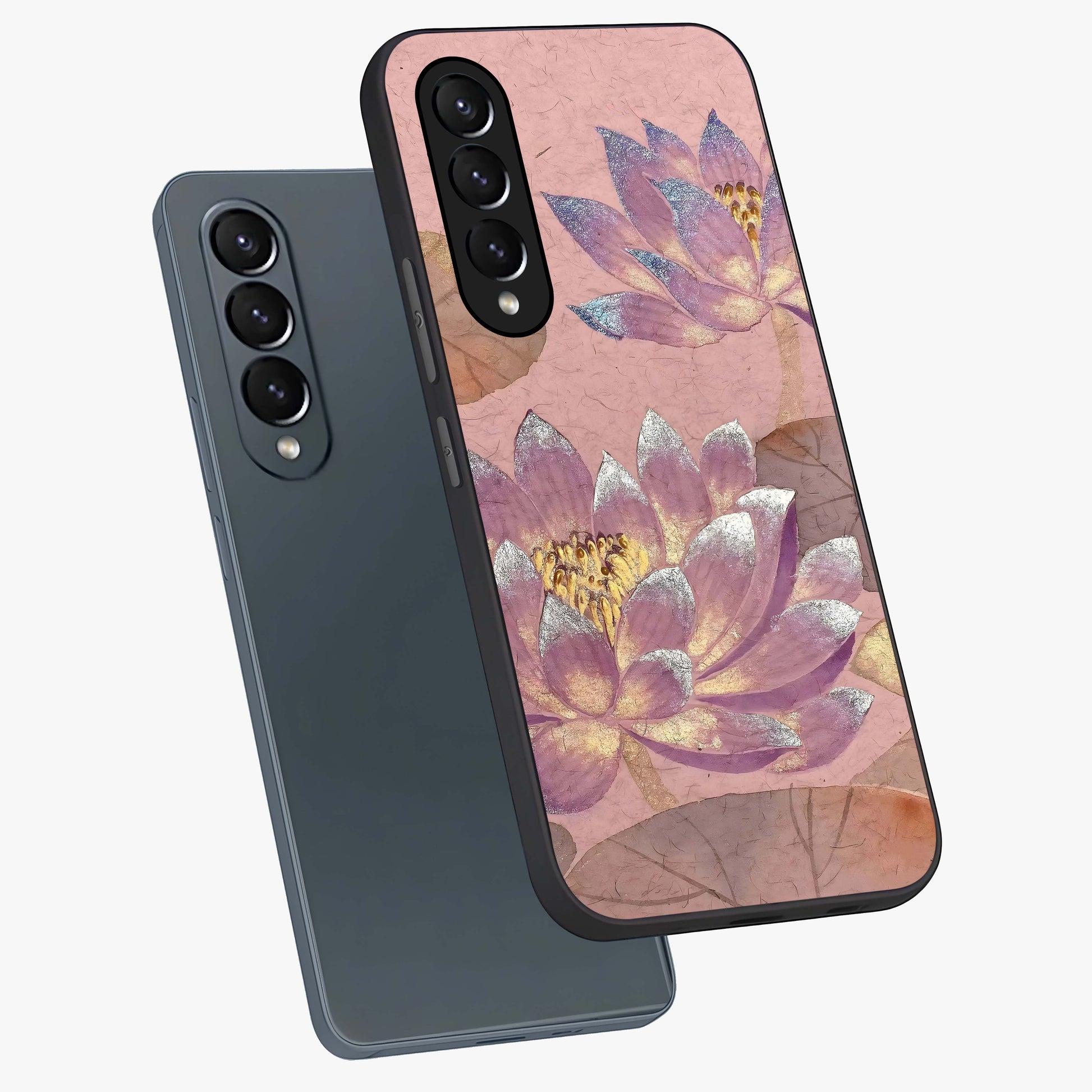 Blossom Mist Lotus Glass Case displayed in angled mockup highlighting delicate lotus illustration with calm aesthetic theme.