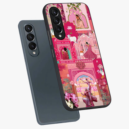 Blossoms of Rajasthan Glass Case displayed in angled mockup highlighting vibrant floral pattern with cultural aesthetic style.