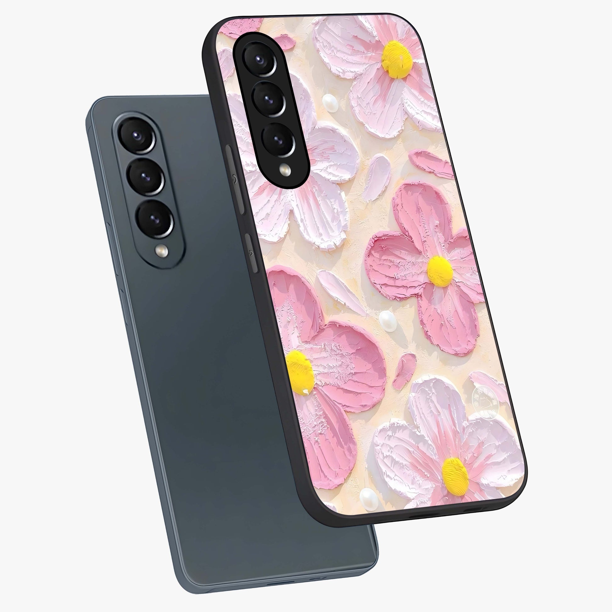 Blush Bloom Texture Glass Case displayed in angled mockup highlighting subtle bloom pattern with aesthetic pastel design.