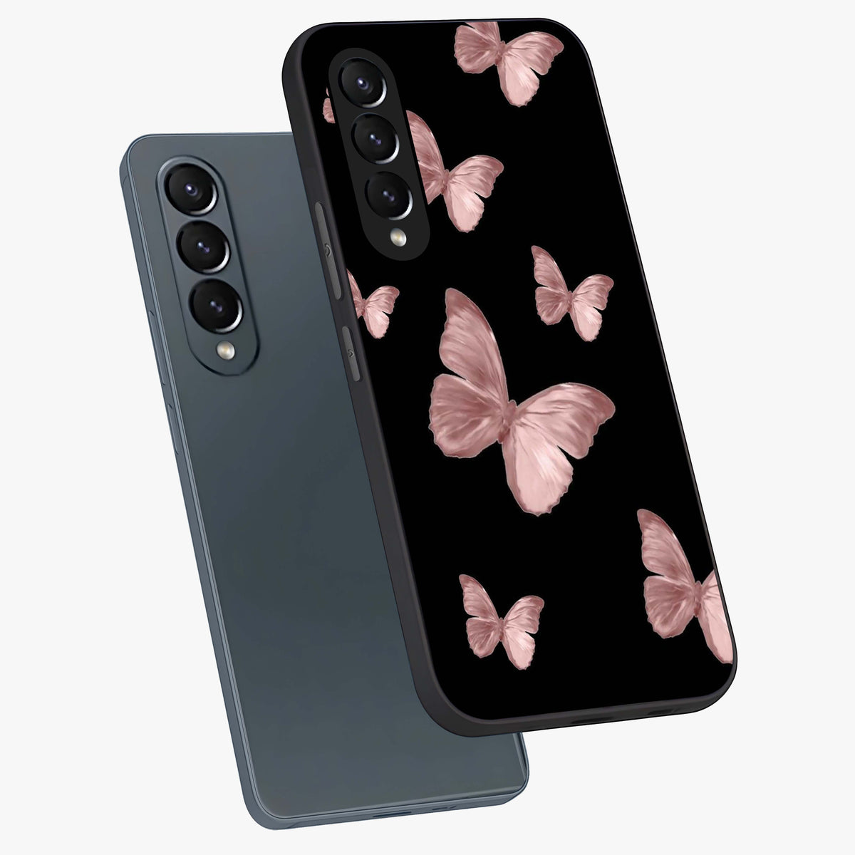 Butterfly Pattern Glass Case displayed in angled mockup highlighting delicate butterfly design and aesthetic pattern style.