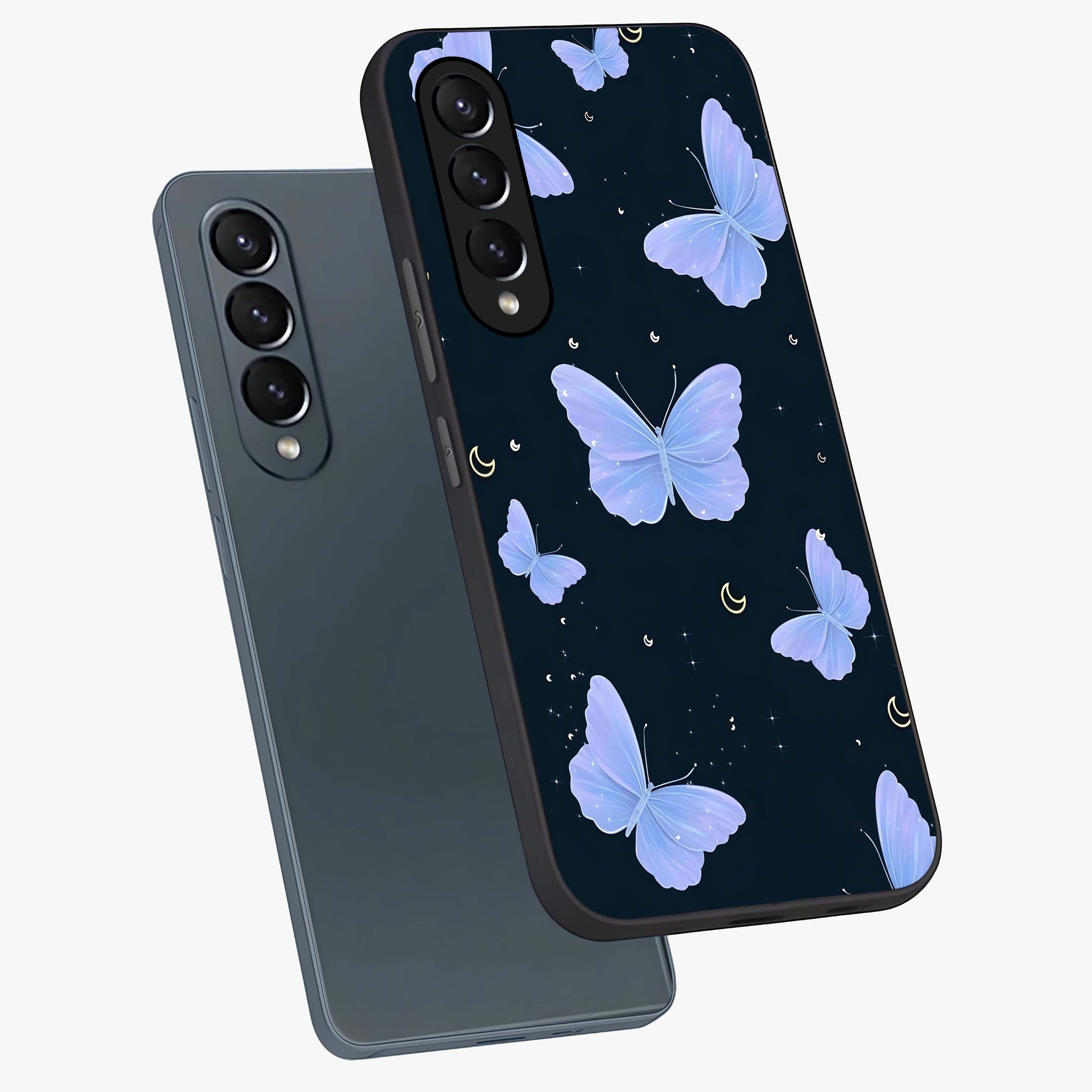 Butterfly With Stars Pattern Glass Case displayed in angled mockup highlighting dreamy butterfly and star design with aesthetic theme.