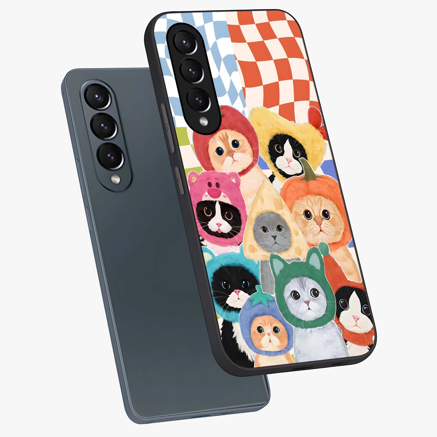 Cats in Fruits Glass Case displayed in angled mockup highlighting cute feline fruit design with colorful aesthetic style.